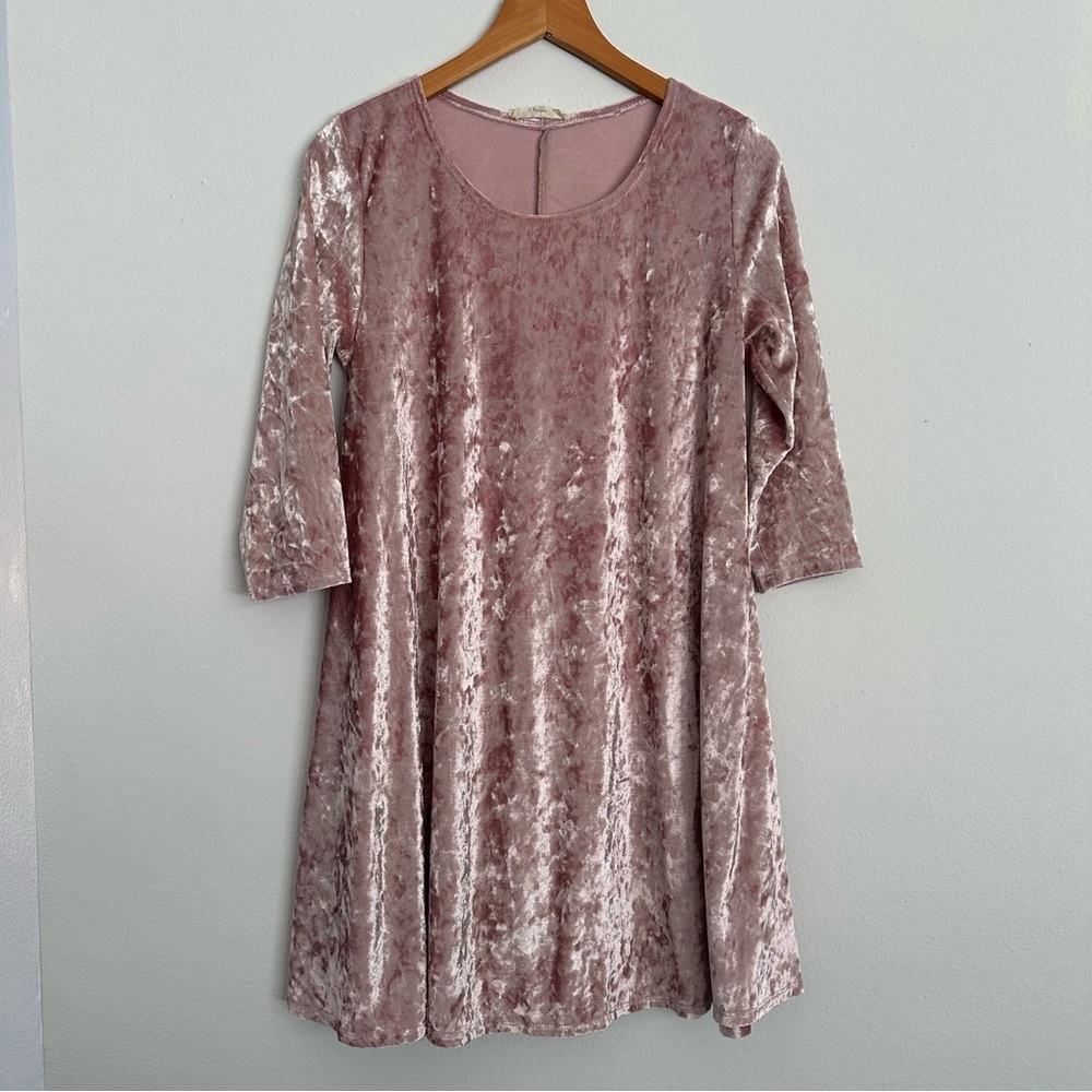 Pink Mauve Shiny Crushed Velvet Mini Baby Doll Shift Dress, Size Small